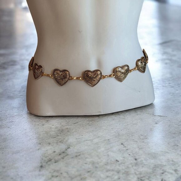 Antiqued Gold Tone Metal Hearts Belt Waist Jewelry 34\